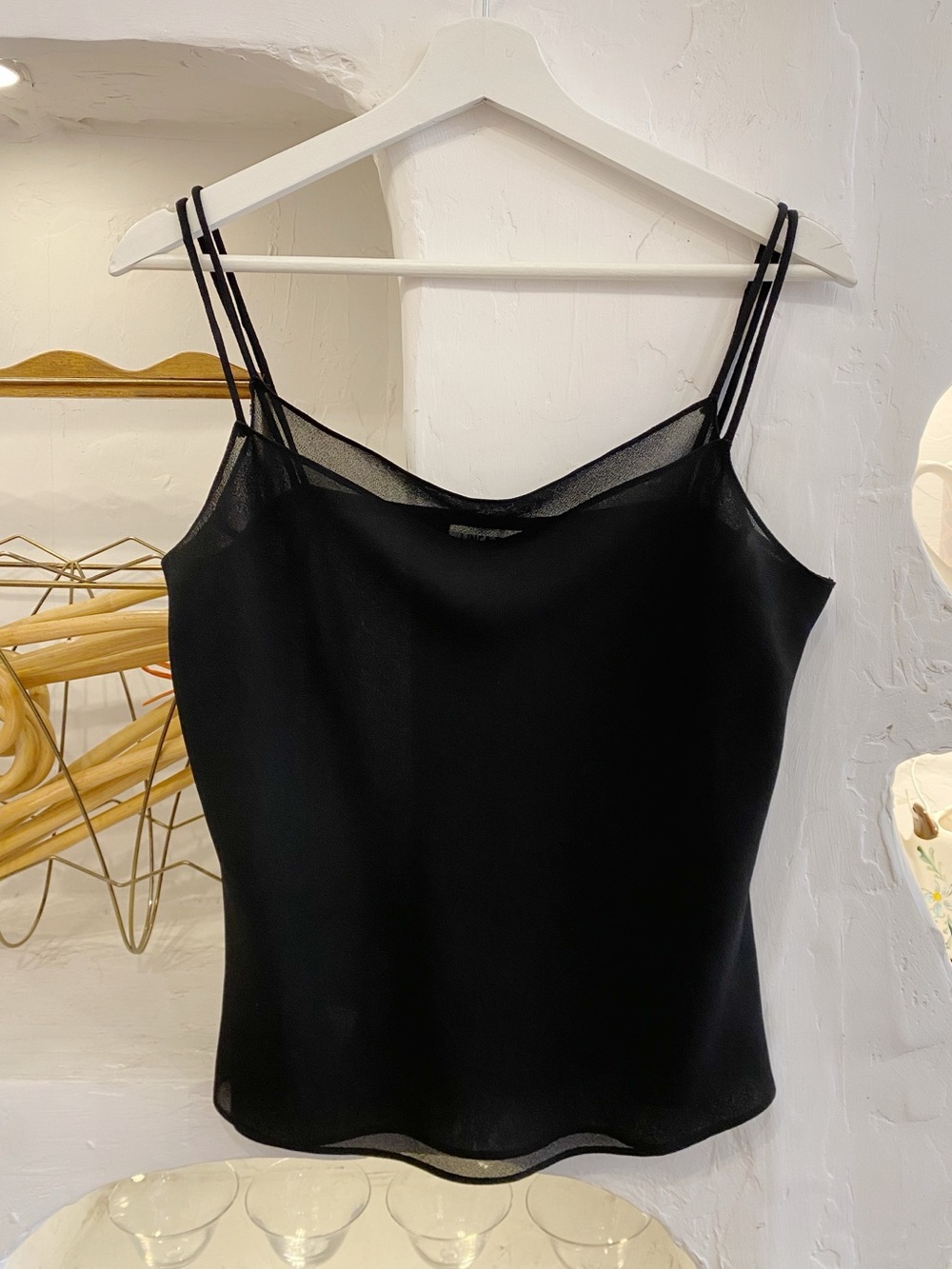 Vintage Black Double-Strap Sheer Mesh Layered Slip Tank Top